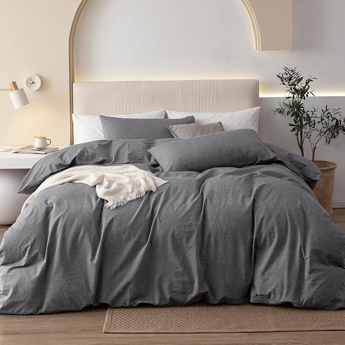JIYUAN 100% Washed Cotton Duvet Cover Set 3 Pieces Queen, 1 Duvet Cover 90x90 Inches (Comforter Not Included) and 2 Pillowcases,Linen Feel Bedding Set Comfy and Breathable, Heathered Dark Grey