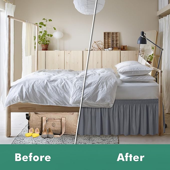 Biscaynebay Wrap Around Bed Skirts with Split Corners for King Beds 16" Drop, Dark Grey Elastic Dust Ruffles Adjustable Easy Fit Wrinkle & Fade Resistant Silky Luxurious Fabric Machine Washable