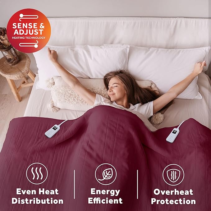 Sunbeam Electric Royal Luxe Microplush Heated Blanket, 12 Heat Settings, 12-Hour Auto Shut-Off, Fast Heating, Warm & Cozy, Machine Washable, Cabernet Color, Queen (90" x 84")