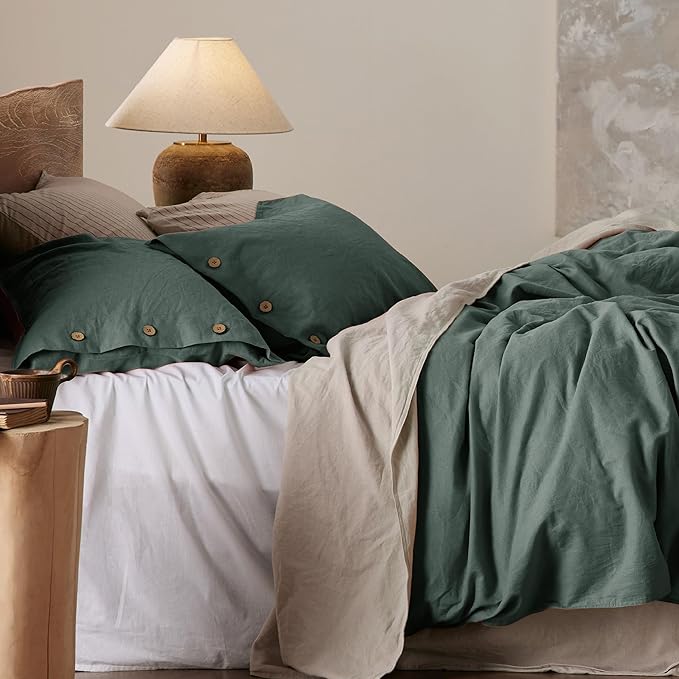 Bedsure Linen Duvet Cover King - Linen Cotton Blend Bedding Set, Soft & Cozy, 3 Pieces, 1 Duvet Cover 104x90 Inches and 2 Pillowcases, Dark Green Color Cooling Bedding, Comforter Sold Separately