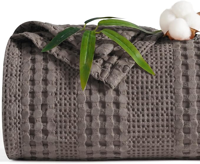 PHF Cooling Waffle Blanket Twin Size, Lightweight 60% Rayon Derived from Bamboo & 40% Cotton Breathable Blanket for Hot Sleepers, Soft and Luxury for Bed Couch and Sofa, 66"x90", Dark Grey