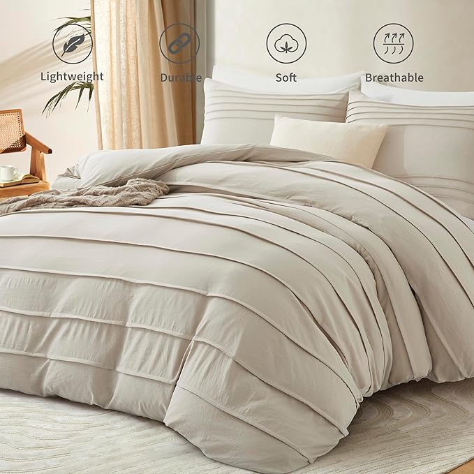 Oli Anderson Linen Grey Duvet Cover Queen Size - Pleated Queen Duvet Cover, 3PCS Soft and Breathable Textured Bedding Set with Zipper Closure(Linen,90"x90")