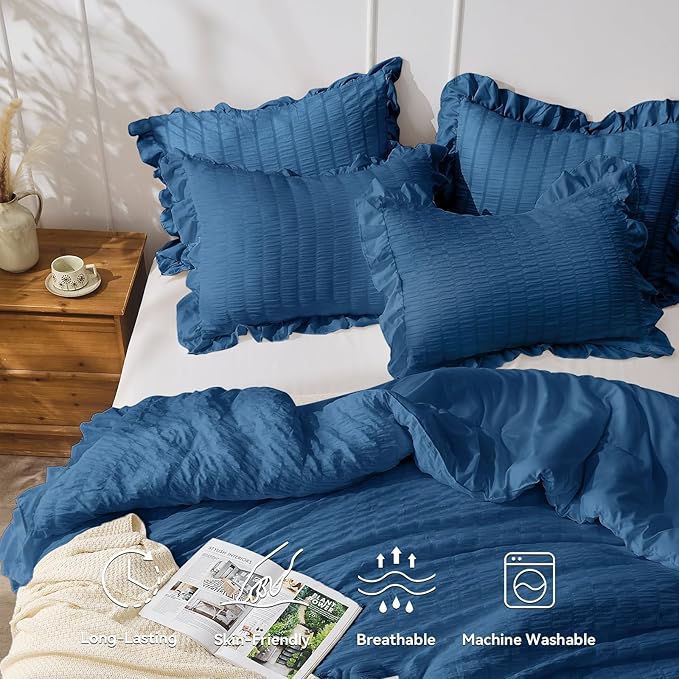 JOLLYVOGUE Teal Queen Comforter Set, 3 Pieces Seersucker Comforters Queen Size, Lightweight & Fluffy Bedding Sets Queen for All Season with 1 Ruffle Comforter and 2 Ruffle Pillowshams