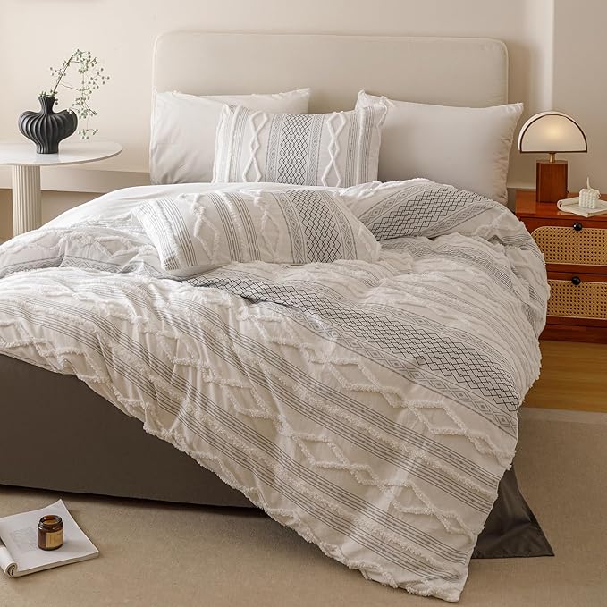 Cottonight White Black Boho Comforter Set Queen Farmhouse Tufted Bedding Set Soft Bohemain Shabby Chic Blanket Quilts Embroidery Rustic Luxury Soft 3PCS Bed Set for Women Men