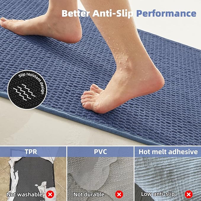 Bathroom Runner Rugs, Long Bath Mat Runner Washable Thin Quick Dry Low Pile Bathroom Runner Rugs Non Slip, Denim Blue 16"x60"
