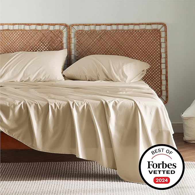 Bedsure California King Sheet Sets, Cooling Sheets for Hot Sleepers, Rayon Derived from Bamboo, Deep Pocket Up to 16 Inches, Breathable & Soft, Hotel Luxury Silky Bedding, Beige