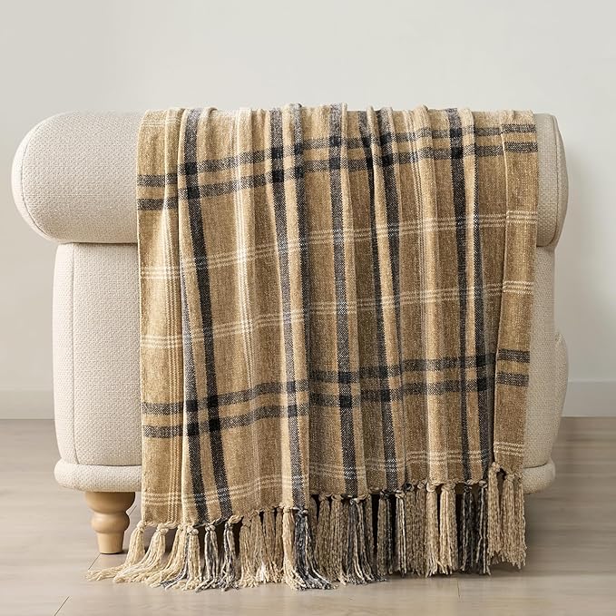 EVERGRACE Plaid Chenille Throw Blanket for Couch, Super Soft Cozy Decorative Farmhouse Plaid Throw with Tassels, Lightweight Chenille Knit Throw for Bed Sofa Gift Home Decor, Khaki Grey 50”x60”