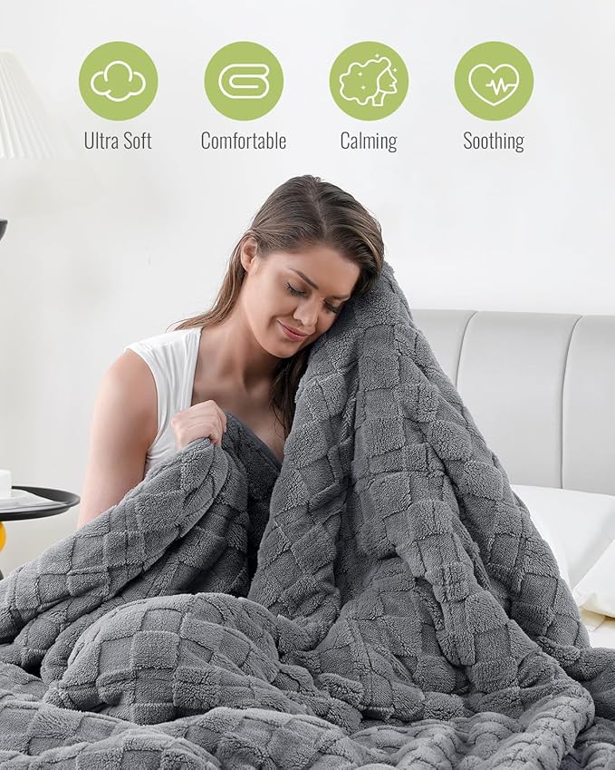 Uttermara Sherpa Fleece Weighted Blanket Queen Size(15lbs, 60" x 80", Grey), 3D Jacquard Checkered Warm Sherpa Heavy Blanket for Adults, Soft Fuzzy Weighted Blankets for Couch Bed Sofa