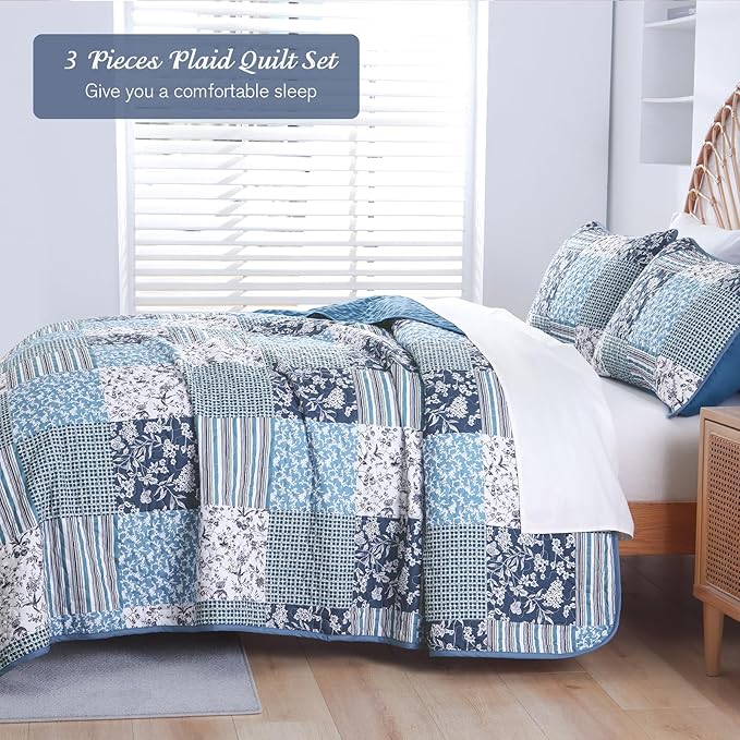 Mybedsoul Navy Blue Quilt Set King Size, 3 Pieces Plaid Floral Bedspread Set Patchwork Reversible Bedding Set Microfiber Lightweight Bedspread Coverlet Set for All Season 110"x90"