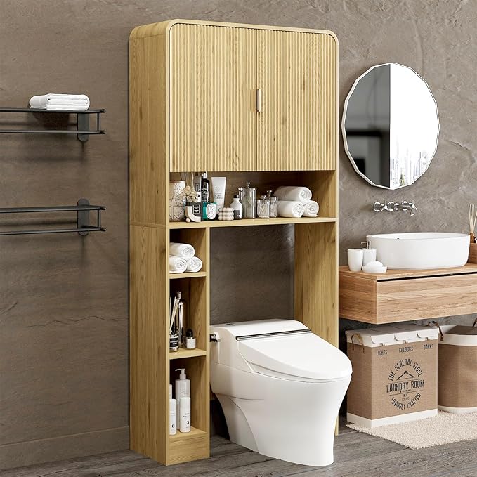 Over The Toilet Storage Cabinet, Farmhouse Bathroom Organizers and Storage with Fluted Doors & 8 Storage Compartments，Home Space-Saving Toilet Rack, for Bathroom, Restroom and Laundry