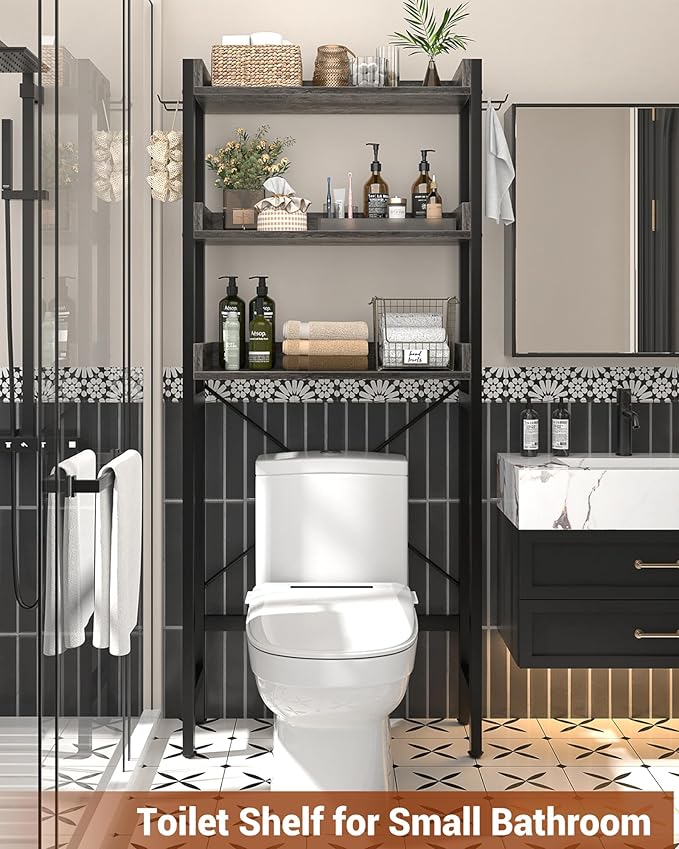 Ecoprsio Over-The-Toilet Storage Rack, 3-Tier Bathroom Organizer Shelf Over Toilet, Freestanding Space Saver Toilet Stands with 4 Hooks, Grey