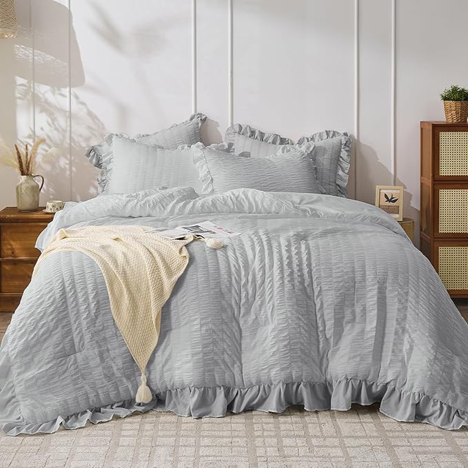 JOLLYVOGUE Light Grey Twin Size Comforter Set, 2 Pieces Seersucker Lightweight Fluffy Bedding Set, Twin Ruffle Comforter, All Season Soft Microfiber Shabby Chic Bed Set