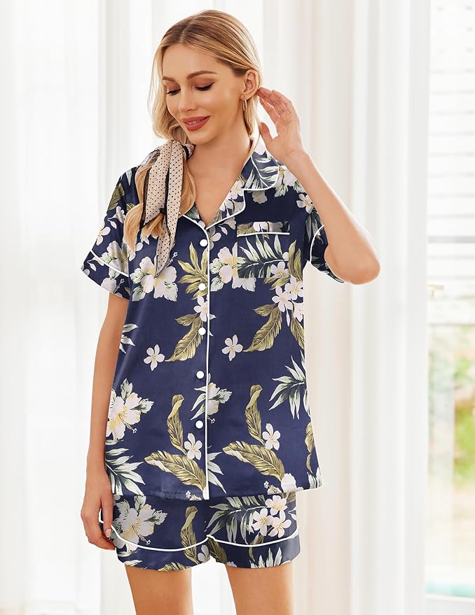 Ekouaer Pajamas for Women Set Silk Satin Pjs Shorts Sleepwear 2 Piece Loungewear S-XXL
