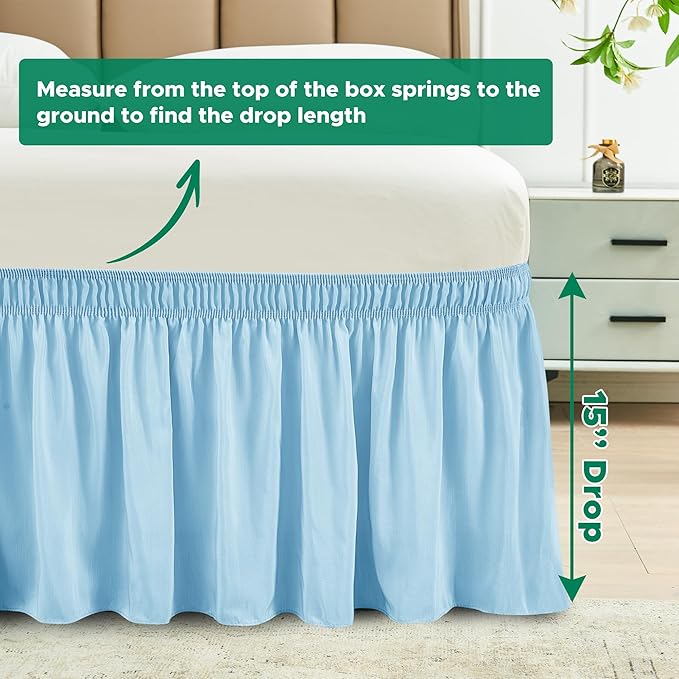 Biscaynebay Wrap Around Bed Skirts for Twin & Twin XL Beds 15" Drop, Light Blue Adjustable Elastic Dust Ruffles Easy Fit Wrinkle & Fade Resistant Silky Luxurious Fabric Machine Washable
