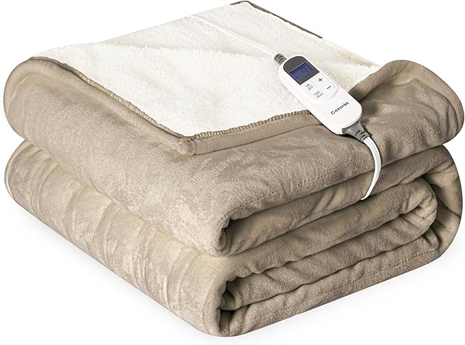 Heat Blanket 50”x60” Throw,Soft Flannel & Sherpa Reversible Electric Blanket with 10 Heat Settings,12 Timer Setting and 3 Hours Auto-Shut Off,ETL Certified Machine Washable,Light Brown