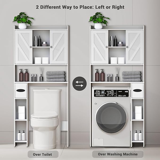 Over The Toilet Storage Cabinet: Farmhouse Storage Cabinet Over Toilet with 2 Barn Door & Toilet Paper Holder Stand, Home Space-Saving Toilet Rack, for Bathroom, Restroom, Laundry