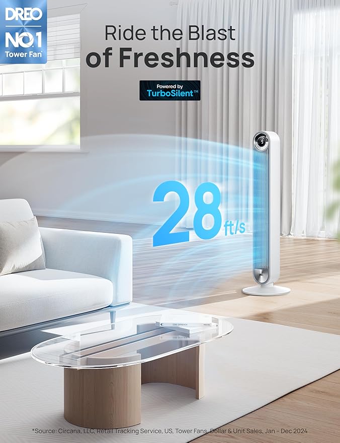 Dreo Tower Fan for Bedroom, Upgrated DC 9 Speeds Ultra-Quiet Floor Fan, 90° Oscillating Fans for Indoors with 28ft/s Velocity, 12H Timer, Standing Fans, Bladeless Fan Powerful for Home Office Room