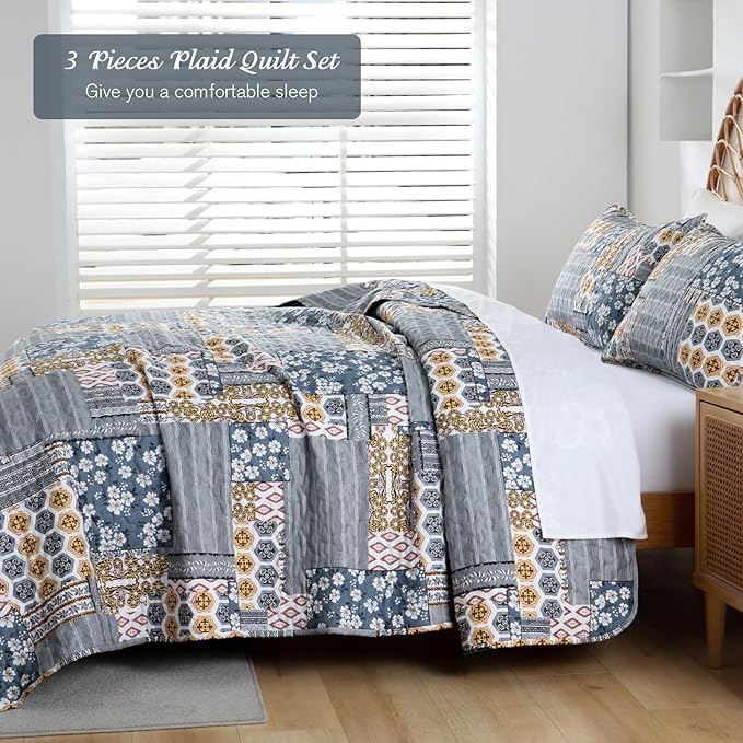Mybedsoul Dark Grey Quilt Set King Size, 3 Pieces Plaid Floral Bedspread Set Patchwork Reversible Bedding Set Microfiber Lightweight Bedspread Coverlet Set for All Season 110"x90"