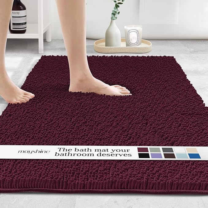 MAYSHINE Plush Shaggy Chenille Bath Mat | Extra Soft, Super Absorbent, Non-Slip Bathroom Rug | Fluffy Microfiber, Area Rug Sets for Bathroom Floor, Kitchen, Living Room | 47"x27" | Burgundy