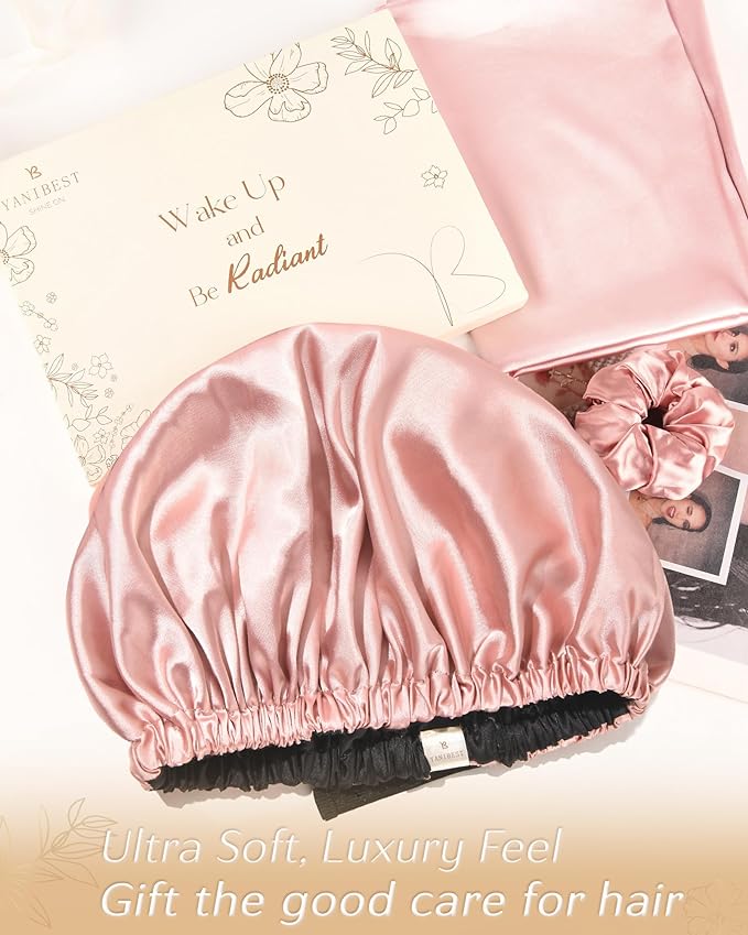 YANIBEST Adjustable Silk Bonnet Double Layer Satin Bonnet Hair Bonnet for Sleeping Bonnets for Women Hats Curly Natural Hair, Blush Pink