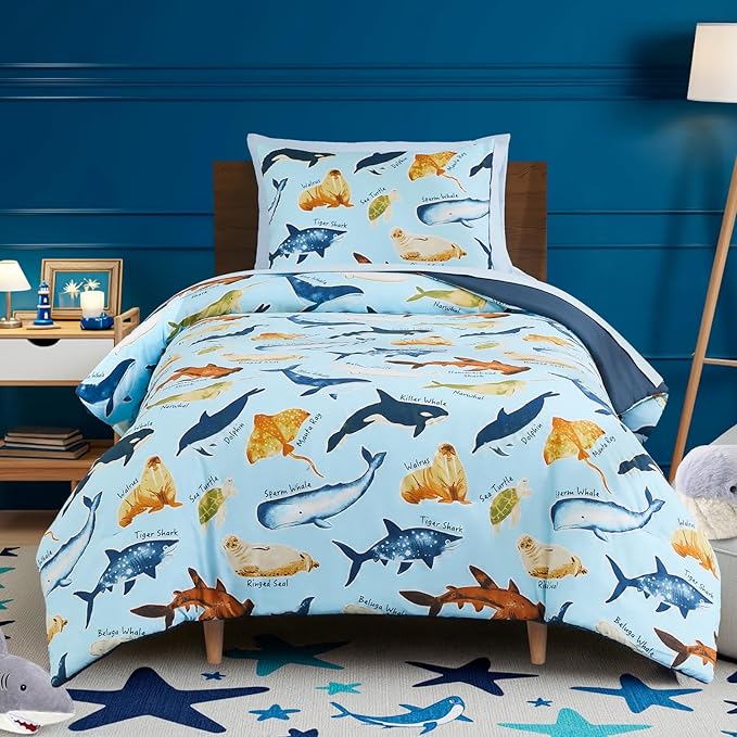 Kids Comforter Set Twin Size for Boys, Glow in The Dark Sea World Bedding Set 1 Comforter, 1 Decor Pillow, 1 Pillow Shams
