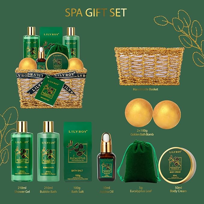 Bath and Body Gift Basket for Christmas - 10-Piece Eucalyptus Luxury Spa Set for Women & Men, Relaxation Ideal for Mothers Day, Father’s Day, Birthday with Shower Gel & More for Her & Him