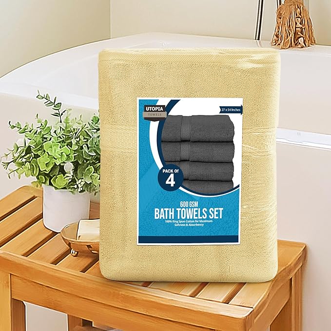 Utopia Towels 4 Pack Premium Bath Towels Set, 27 by 54 Inches, 100% Ring Spun Cotton 600GSM, Lightweight and Highly Absorbent Quick Drying Towels, Perfect for Daily Use, Beige