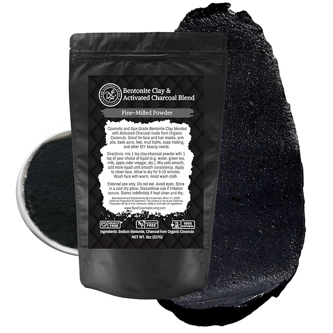 Bare Essentials Living - Bentonite Clay Powder and Activated Charcoal Powder Blend (8oz) Great for Charcoal Face Mask, Facial, Hair Mud Mask, DIY Bentonite Clay Toothpaste, & Charcoal for Soap Making