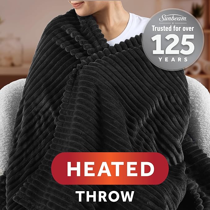Sunbeam Electric Throw Royal Posh Velvet Heated Blanket,4 Heat Settings, 4-Hour Auto Shut-Off, Fast Heating, Lush, Silky, and Ultra Comfy, Ribbed Ebony Color, 50" x 60"