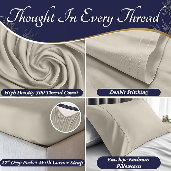 DECOLURE 100% Viscose Derived from Bamboo Sheets Queen Size 4pcs - Ultra Soft & Luxuriously Cooling, 17" Deep Pocket, Double Stitching, Perfect for Hot Sleepers - Queen Bed Sheets (Taupe)