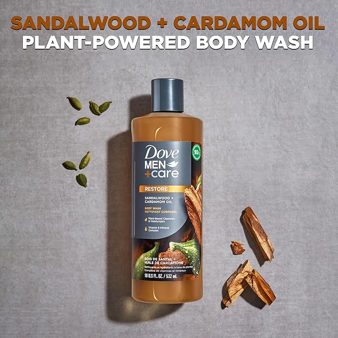 Dove Men+Care Body Wash Sandalwood + Cardamom Oil 4 Count to Rebuild Skin in the Shower with Plant-Based Cleansers and Moisturizers 18 oz