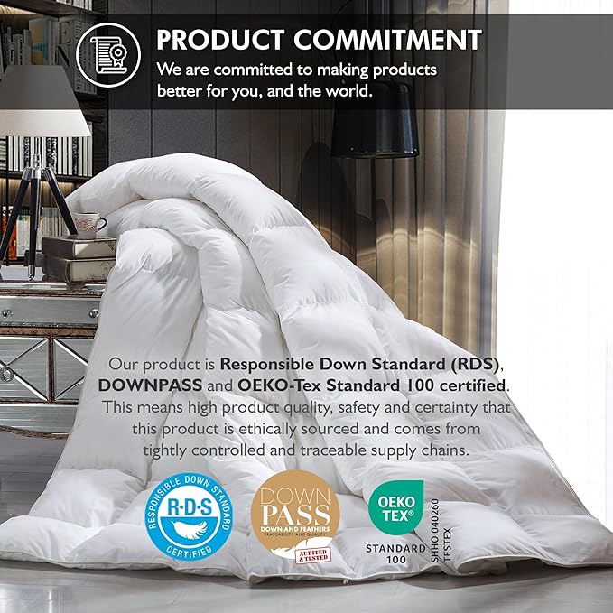 Luxurious Oversized King 108" x 98" Size Goose Down Fiber Waterfowl Feather Fiber Comforter Duvet, 100% Egyptian Cotton Cover, 65 oz. Fill Weight, Baffle Box Design, White Solid