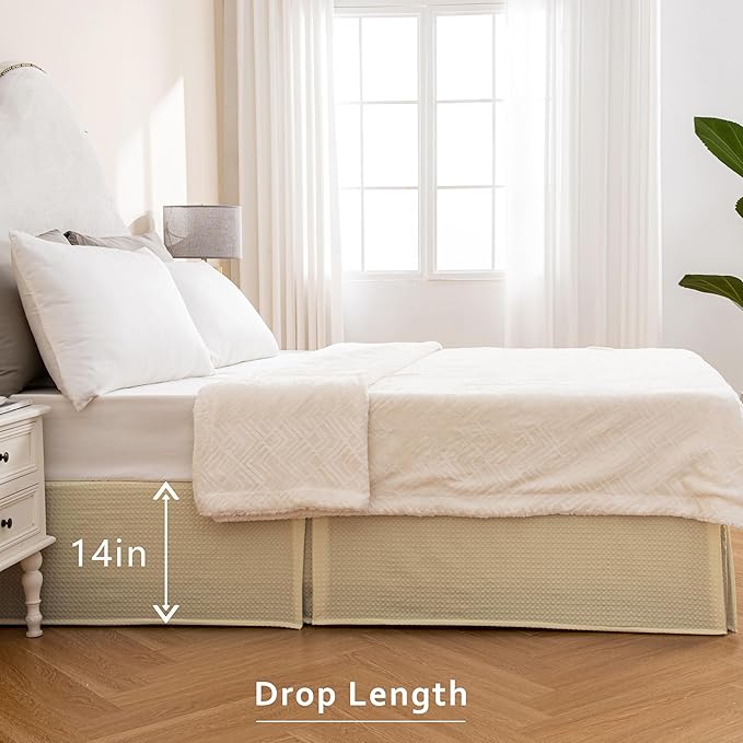 MIYE Pleated Waffle Weave Bed Skirt, Tailored Dust Ruffle 14 Inch Drop Easy Fit, Machine Washable,No Split Corners (Light Beige, Twin - 14" Drop)