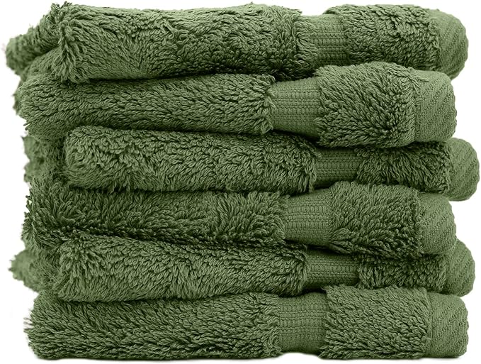 Luxury Hotel & Spa Collection, 100% Turkish Cotton 700 GSM Cloth, for Body wash, Makeup Remover & Facial Cleaning, Baby, face, Dobby Border Soft washcloths Towel Set 13" X 13", Moss, Set of 6