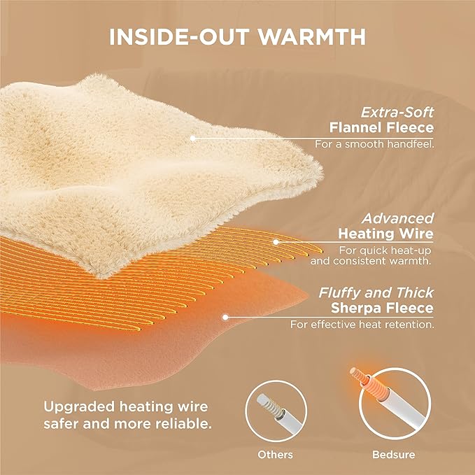 Bedsure Electric Blanket Full Size - Soft Flannel Heated Blanket, Fast Heating with 10 Time Settings & 6 Heat Settings, Warm Gift for Grandma (72x84 inches, Brown)