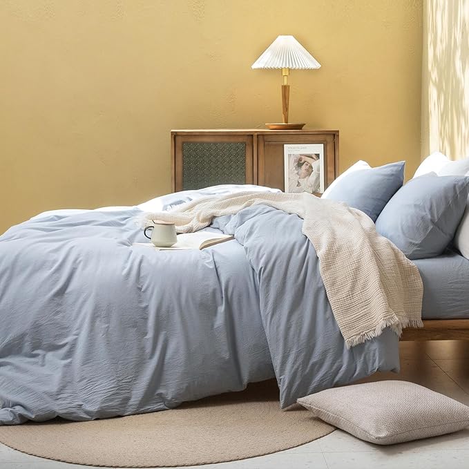FOSSA Duvet Cover Set 100% Washed Cotton Linen Feel Super Soft Breathable Cozy 3 Pieces Bedding Sets Solid Cornflower Blue Queen