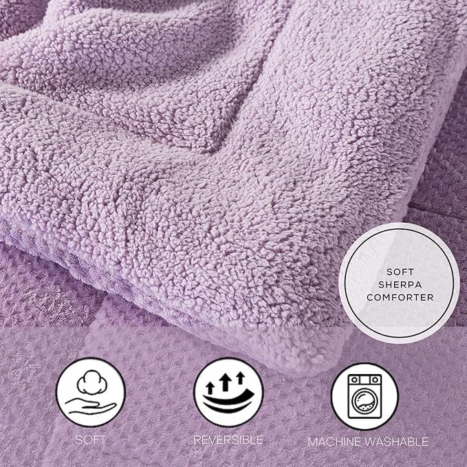 KASENTEX Super Ultra Soft Luxury Plush Sherpa Comforter, Cozy Reversible Faux Fur Machine Washable Bedding, Purple, Twin/Twin XL Size