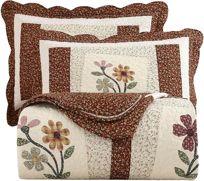 vctops 3 Piece Embroidered Floral Quilted Bedspread Quilt Set 100% Cotton Reversible Patchwork Coverlet Set 1 Quilt and 2 Pillow Shams (Coffee,King)