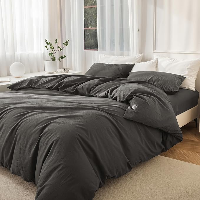 JIYUAN 100% Washed Cotton Duvet Cover Set 3 Pieces King, 1 Duvet Cover 104x90 Inches(Comforter Not Included) and 2 Pillowcases,Linen Feel Bedding Set Comfy and Breathable,Solid Dark Grey