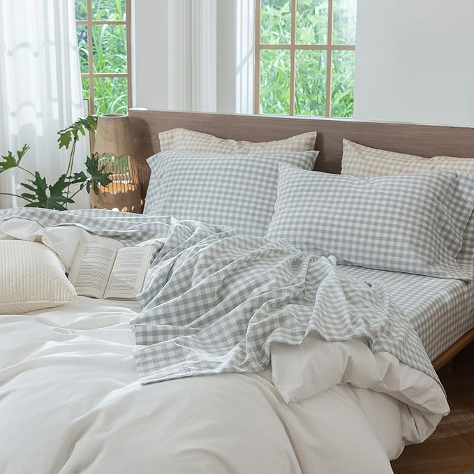MooMee Gingham Sheet Set 100% Washed Cotton Linen Like Textured Breathable Soft w/Fully Elasticized 16-19" Deep Pocket (Classic Gingham Northern Droplet Grey, Queen)