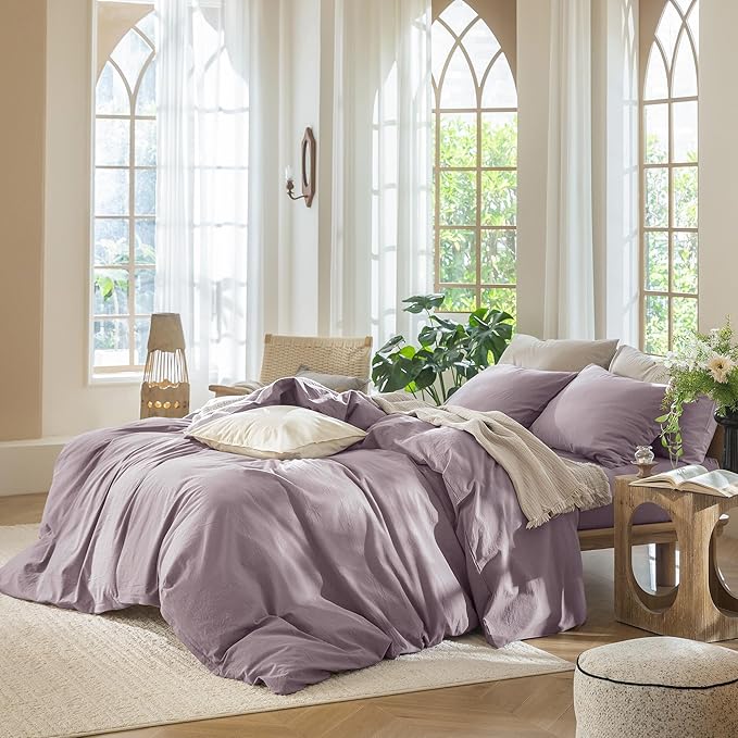 MooMee Bedding Duvet Cover Set 100% Washed Cotton Linen Like Textured Breathable Durable Soft Comfy (Solid Taro Purple, Full 80"x90")