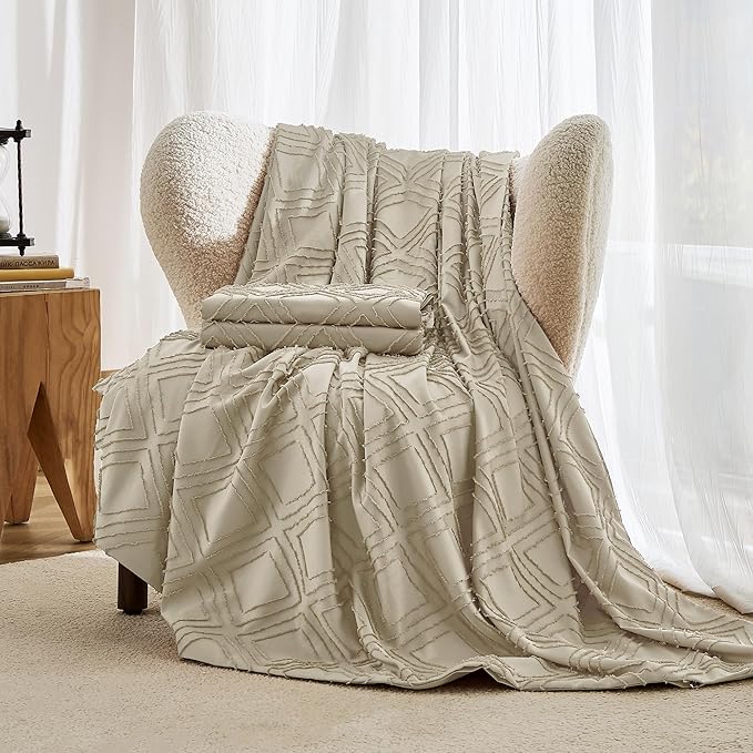 JELLYMONI Duvet Cover Twin Size Khaki - 3PCS Boho Duvet Cover Set Plaid Polyester Tufted Bohemian Jacquard Knit Textured Comforter Cover 68×90in Rhombic Geometric Pattern Corner Ties & Zipper