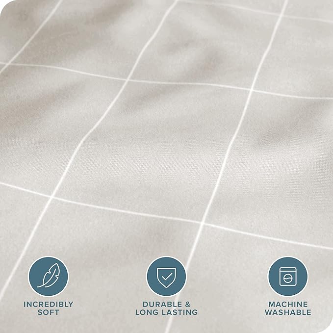 Bare Home Duvet Cover - Queen Size Bedding Set - Premium 1800 Super Soft Collection - Lightweight, Cooling - Soft Breathable Duvet Cover (Queen, Grid – Stone/White)