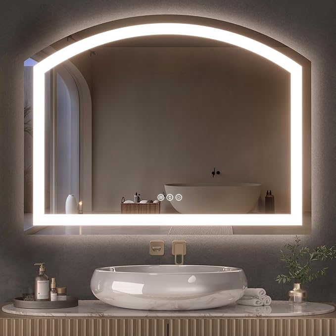 Hasipu 36x28 Inch LED Bathroom Mirror Arch Vanity Mirror with Lights Frontlit Smart Touch Sensor Dimmable 3 Colors Temperature Shatterproof Wall-Mounted Vanity Mirror Metal Frame