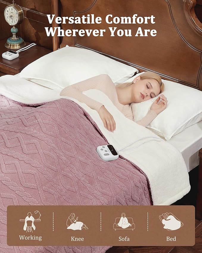 CAROMIO Electric Blanket Queen Size Dual Control - Thick Tufted Sherpa Heated Blanket Queen with 10 Heat Levels and 10 Time Settings, ETL Certified Fast Heating Blanket Queen Size 84"×90", Dusty Pink