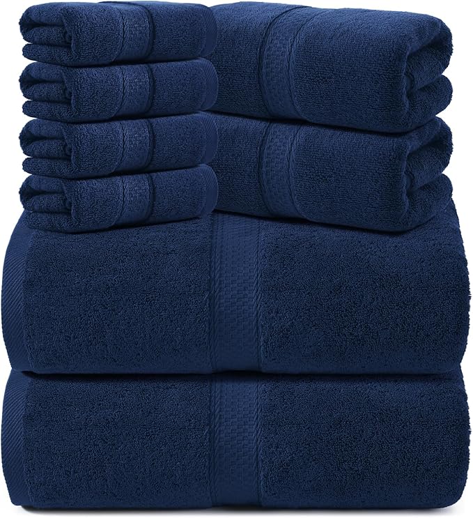REDKISS Luxury 100% Cotton 8 Piece Bath Towel Sets, 2 Bath Sheets (35x70 in), 2 Hand, 4 Washcloths, Super Absorbent & Quick-Dry Shower Towel for Bathroom Spa Gym Hotel Yoga - Blue