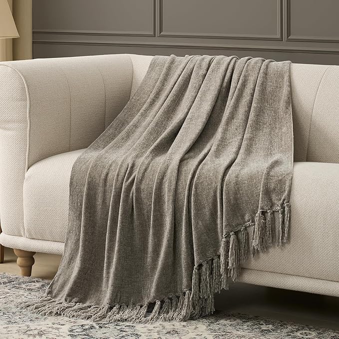 EVERGRACE Soft Chenille Bed Blanket Queen Size for Bed, Cozy Plush Fuzzy Lightweight Decorative Chenille Knit Throw Blanket with Tassels for Couch Sofa Gift Home Decor, Taupe 90"x90"