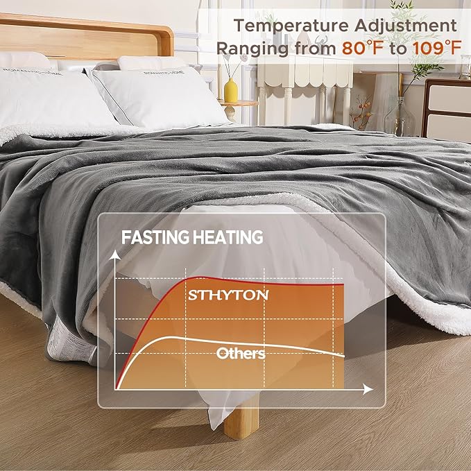 Electric Heated Blanket Throw 50"x60" - Soft Cozy Flannel & Sherpa Fabric Dual-Sided, 9 Heat Settings & 2-10 Hours Auto Off, Warming Heated Throw for Home Office, Machine Washable, Light Gray