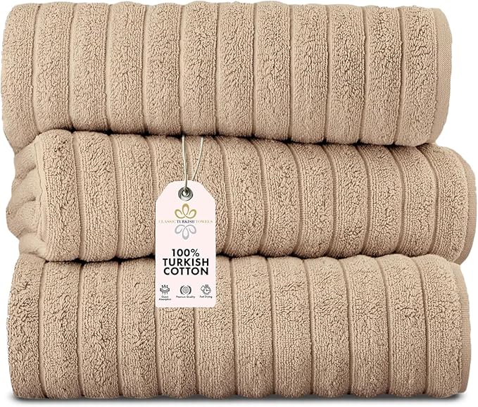 Classic Turkish Towels CTT - Luxury 3 Piece Jumbo Bath Sheets, 100% Turkish Cotton, Absorbent & Ultra Comfy Bath Towel Sheets for Hotels & Spa | 40"x65" (Almond Beige)
