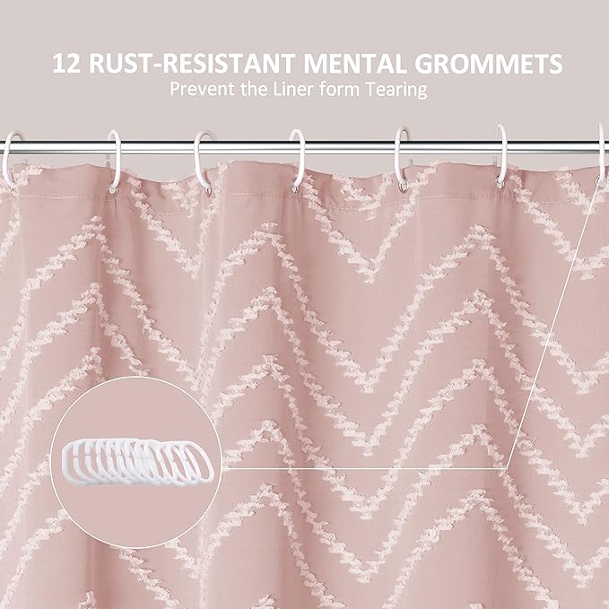 Pink Boho Shower Curtain White Tassel Woven Fabric Cute Shower Curtain Modern Farmhouse Textured Tufted Chevron Striped Minimalist 72 x 72 Bathroom Shower Curtains